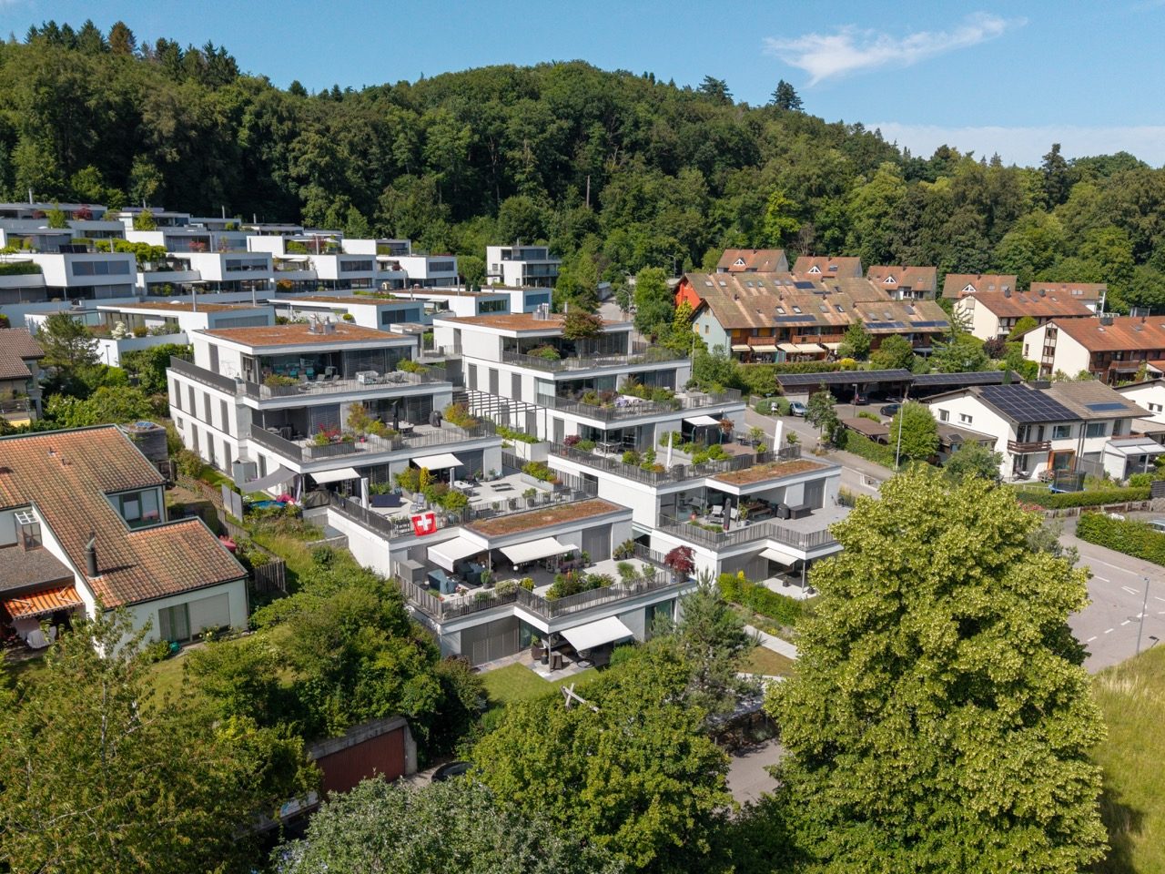 Aerial view of a terraced hillside development, Aargau